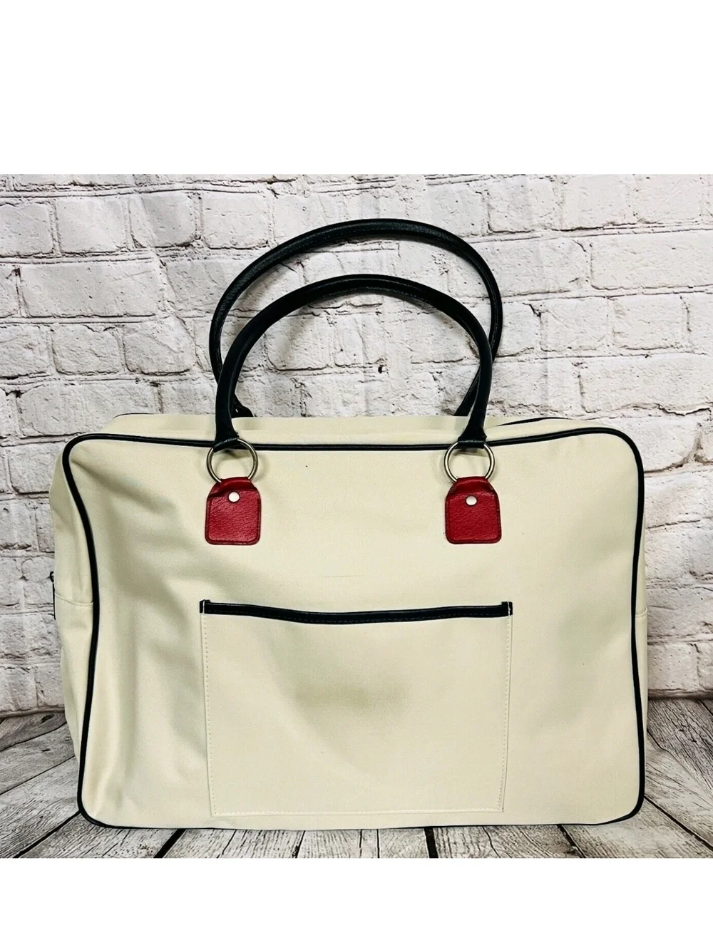 Estee Lauder Cream Duffel Weekender Vintage Bag Handles White, Red & Blue